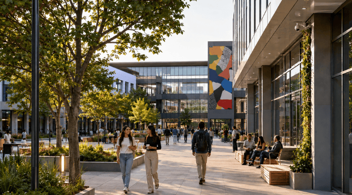open plaza with a discreet ai camera supporting cpted natural surveillance