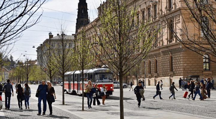 red tram on a busy street with pedestrians showing risks in crowded places