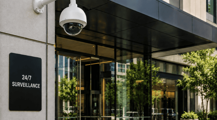 building entrance with cctv surveillance showing cpted and cyber security
